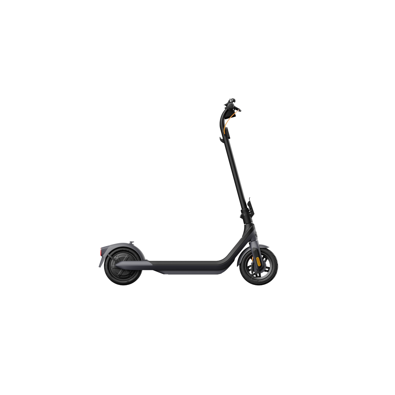 Black electric scooter against a black background. It has a yellow handlebar and orange light.