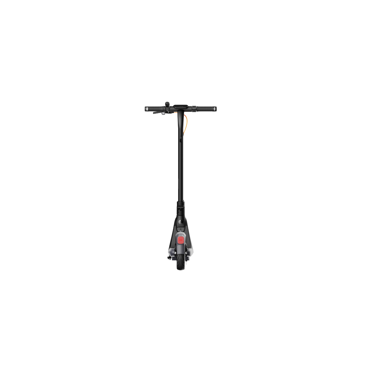 A black electric scooter stands against a solid black background.