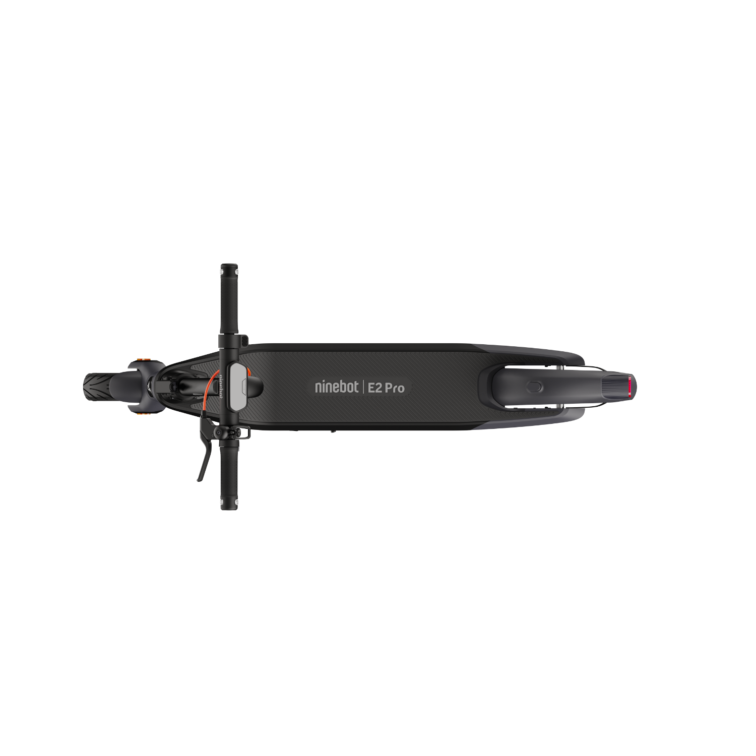 Bird's-eye view of a black Ninebot E2 Pro electric scooter on a black background.