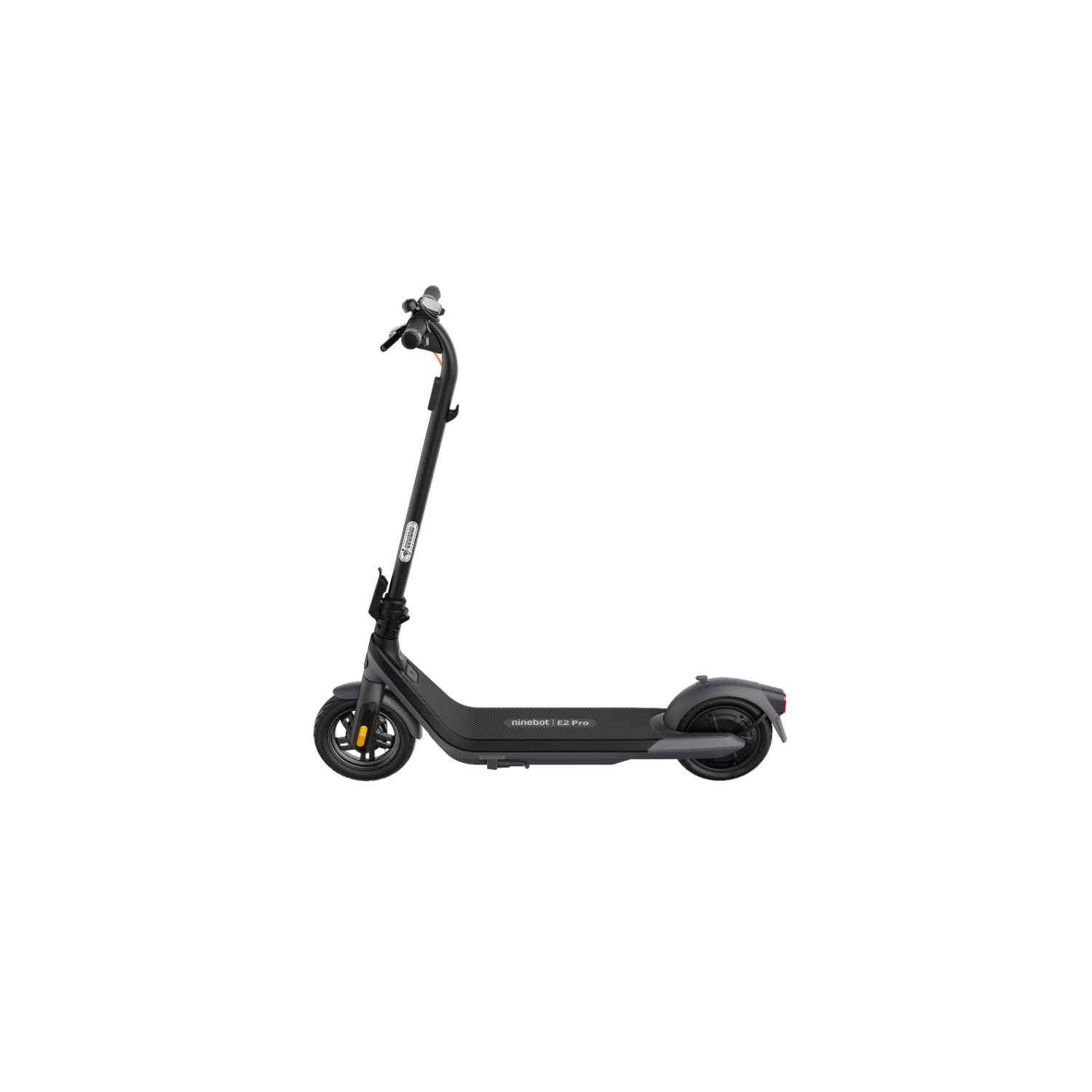 Black Ninebot electric scooter, standing on a black background.
