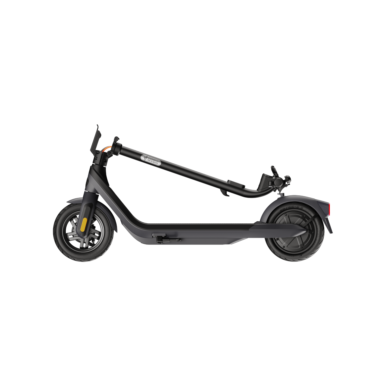 A black electric scooter with orange accents, on a black background.