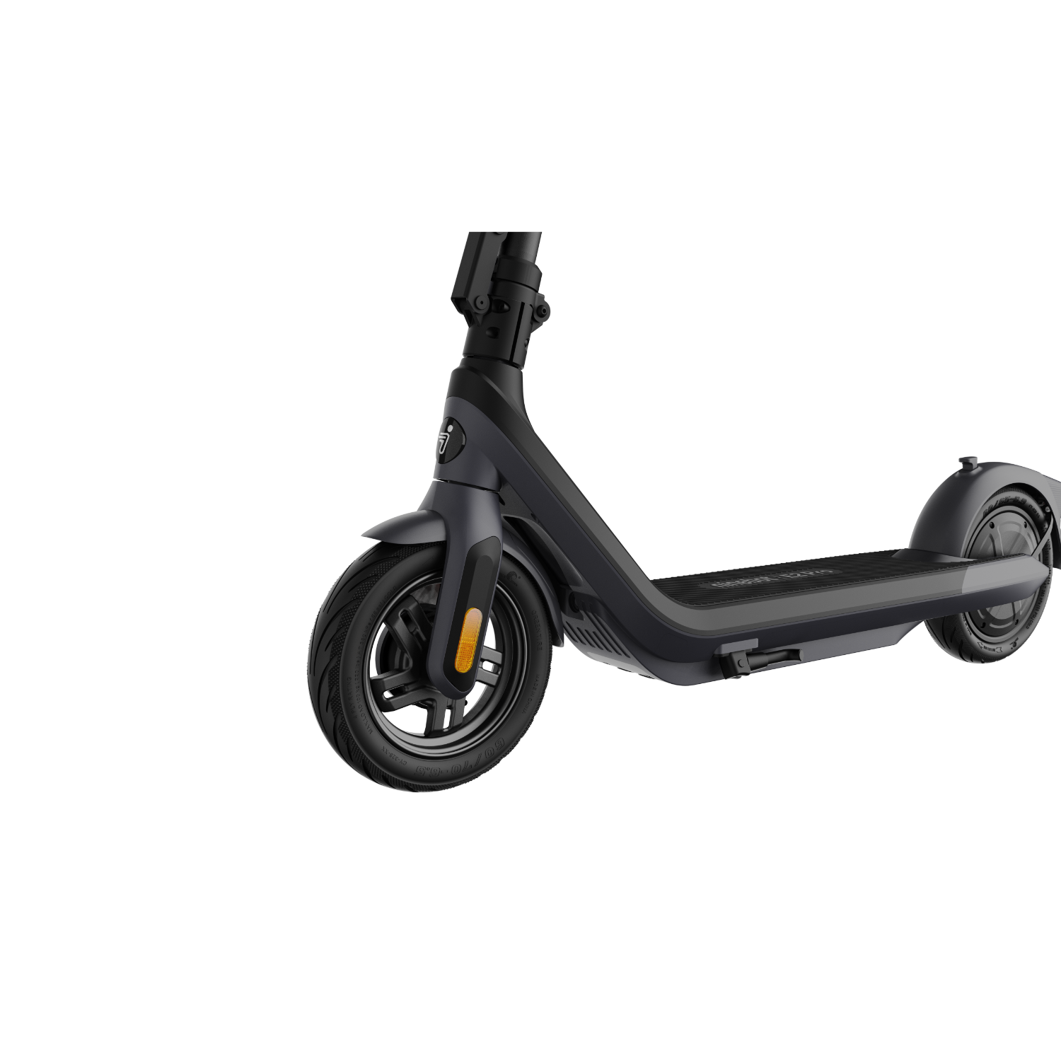Black and gray electric scooter, front view. Black background.