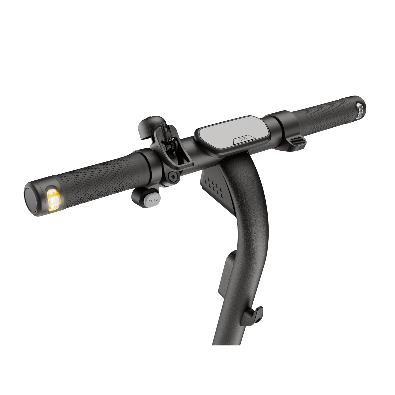 Handlebar of a black e-scooter with a light and display. Black background.