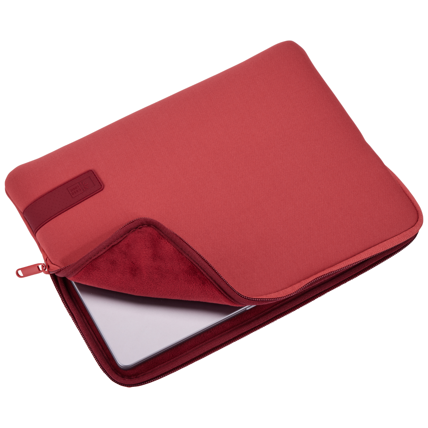 Red laptop sleeve with zipper, partially open, revealing a laptop inside.