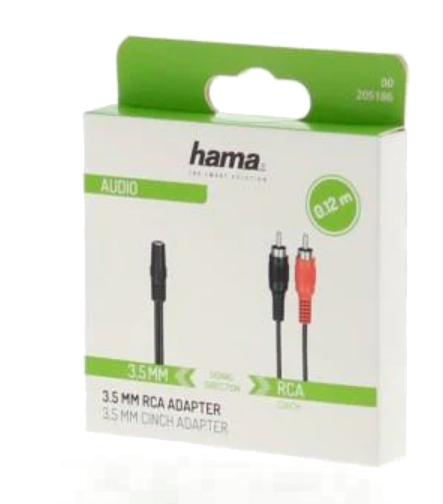 Hama ses adaptörü kutusu. 3,5 mm - RCA adaptörü. Kutu beyaz ve yeşil.