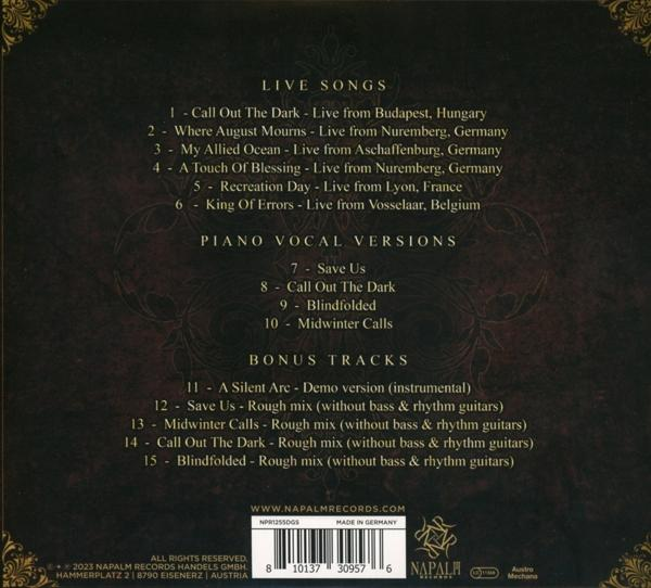 CD-Cover, Text mit Songs, Piano-Vocal-Versionen und Bonustracks. Dunkler Hintergrund, goldene Akzente.