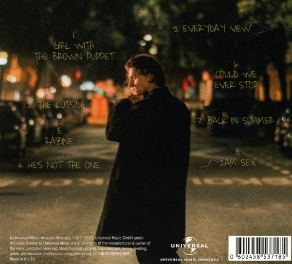 Rückseite eines Albums mit Songtiteln und einem Bild eines Mannes auf der Straße.
