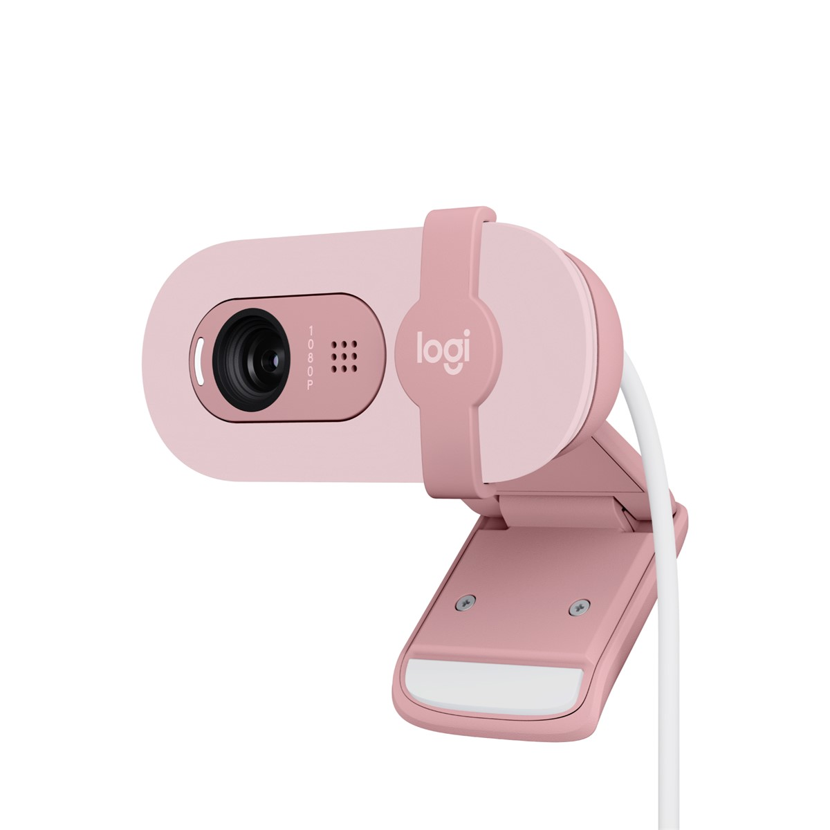 Pembe Logitech web kamerası, beyaz kablo, beyaz arka plan.