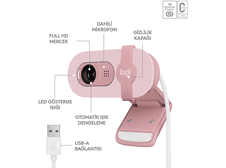 LOGITECH Brio 100 Full HD Webcam Pudra Pembe_5
