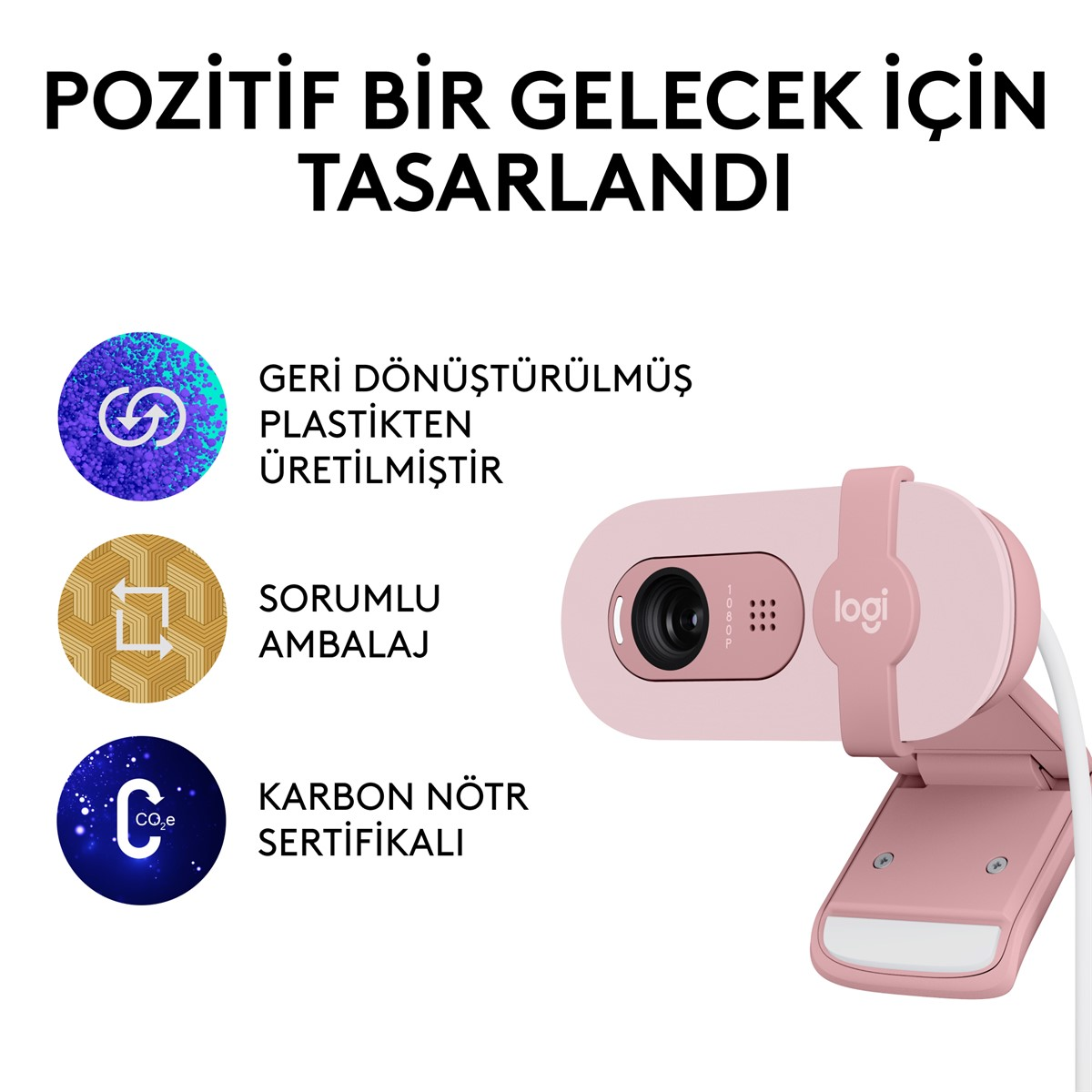 Pembe bir web kamerası, pembe bir standı ve Türkçe metinle. Arka plan bir logo ve bazı simgeler gösteriyor.