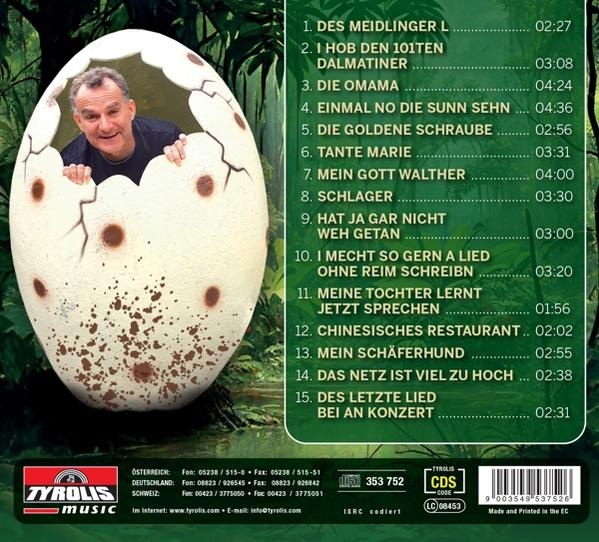 Ein Mann schaut aus einem zerbrochenen Dino-Ei. Die Trackliste ist rechts.