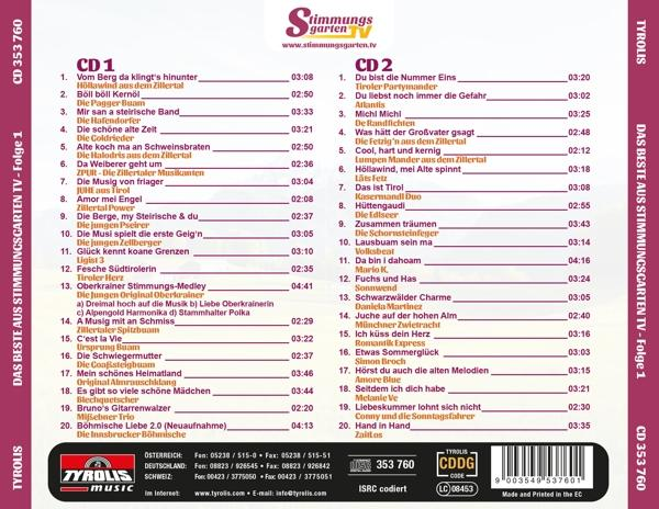Rückseite einer CD-Hülle mit Titellisten für CD 1 und CD 2, Künstlerinformationen und Logos.