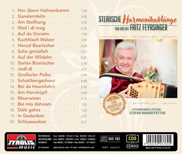 Albumcover mit Liedliste, Fritz Feyrsinger mit Steirischer Harmonika, Kontaktdaten.