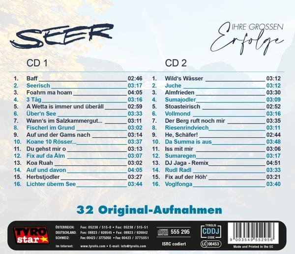 Albumcover mit Titel "SEER" und Songlisten für CD1 und CD2. Unten Kontaktdaten.