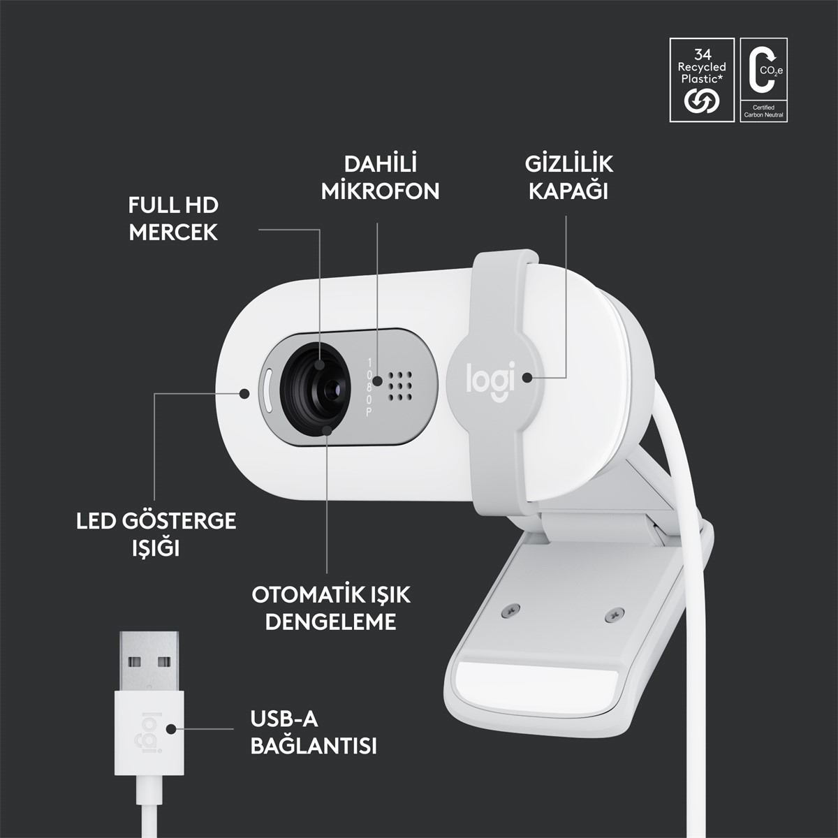 Etiketli beyaz web kamerası, USB-A, LED göstergesi ve lens.
