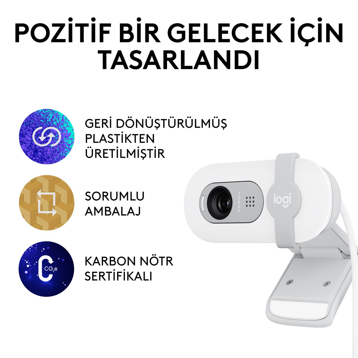 Gri bir standlı beyaz bir web kamerası ve geri dönüştürülmüş plastik, sorumlu ambalaj ve karbon nötr olduğunu gösteren üç simge.