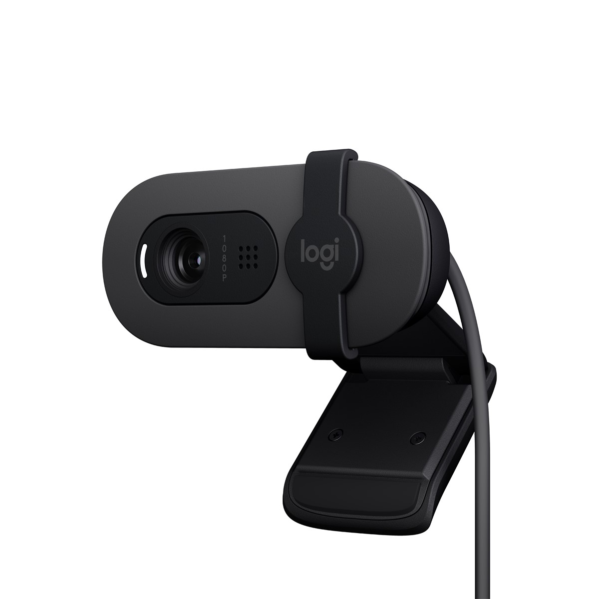 Dahili mikrofonlu siyah bir Logitech web kamerası. Montaj için siyah bir klipse ve güç kablosuna sahip.