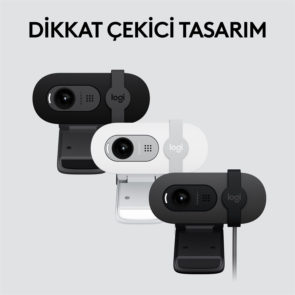 Üç web kamerası. Bir beyaz, bir siyah, bir gri. Her birinde Logi logosu var.