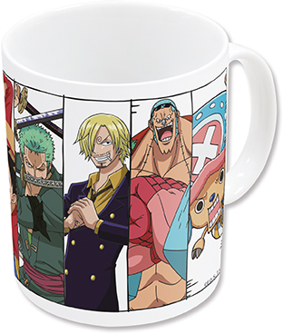 Taza blanca con personajes de dibujos animados de One Piece manga.