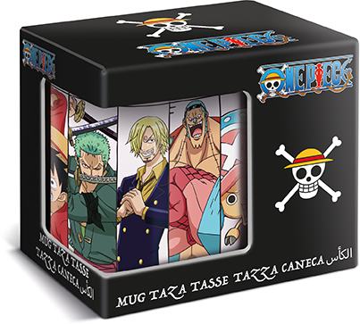 Taza en caja con personajes de One Piece. Caja negra con logo.
