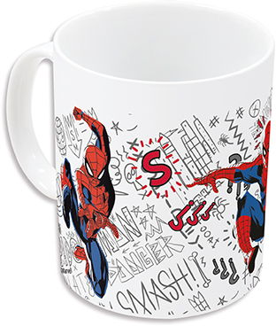 Taza blanca con gráficos de Spider-Man y arte estilo cómic.