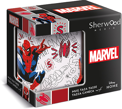 Una taza de Marvel en una caja, mostrando a Spider-Man, con un tema rojo y negro.