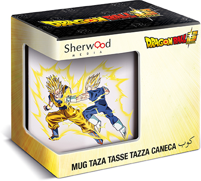 Taza de Dragon Ball con dos personajes luchando. Caja con texto y logotipo.