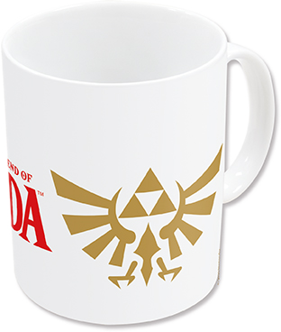Taza blanca con el logotipo de Legend of Zelda en oro y texto rojo.