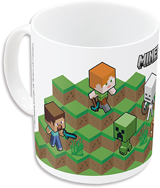 Una taza temática de Minecraft con personajes y elementos del juego impresos, fondo blanco.