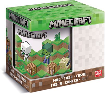 Taza de Minecraft en una caja, mostrando personajes y el logotipo de Minecraft.