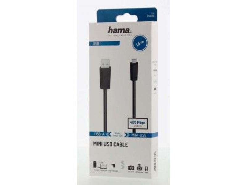 Siyah bir USB kablosunu gösteren beyaz kutu. USB-A - Mini-USB, 1,5 m uzunluk ve 480 Mbps bilgileri içerir.