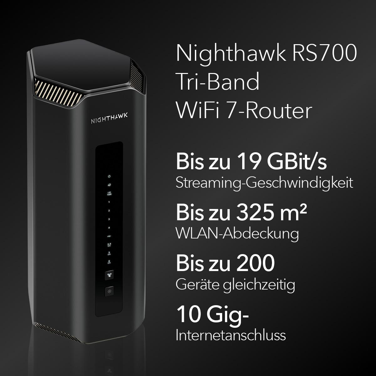 Schwarzer Nighthawk RS700 Router mit Text, der seine Funktionen beschreibt.
