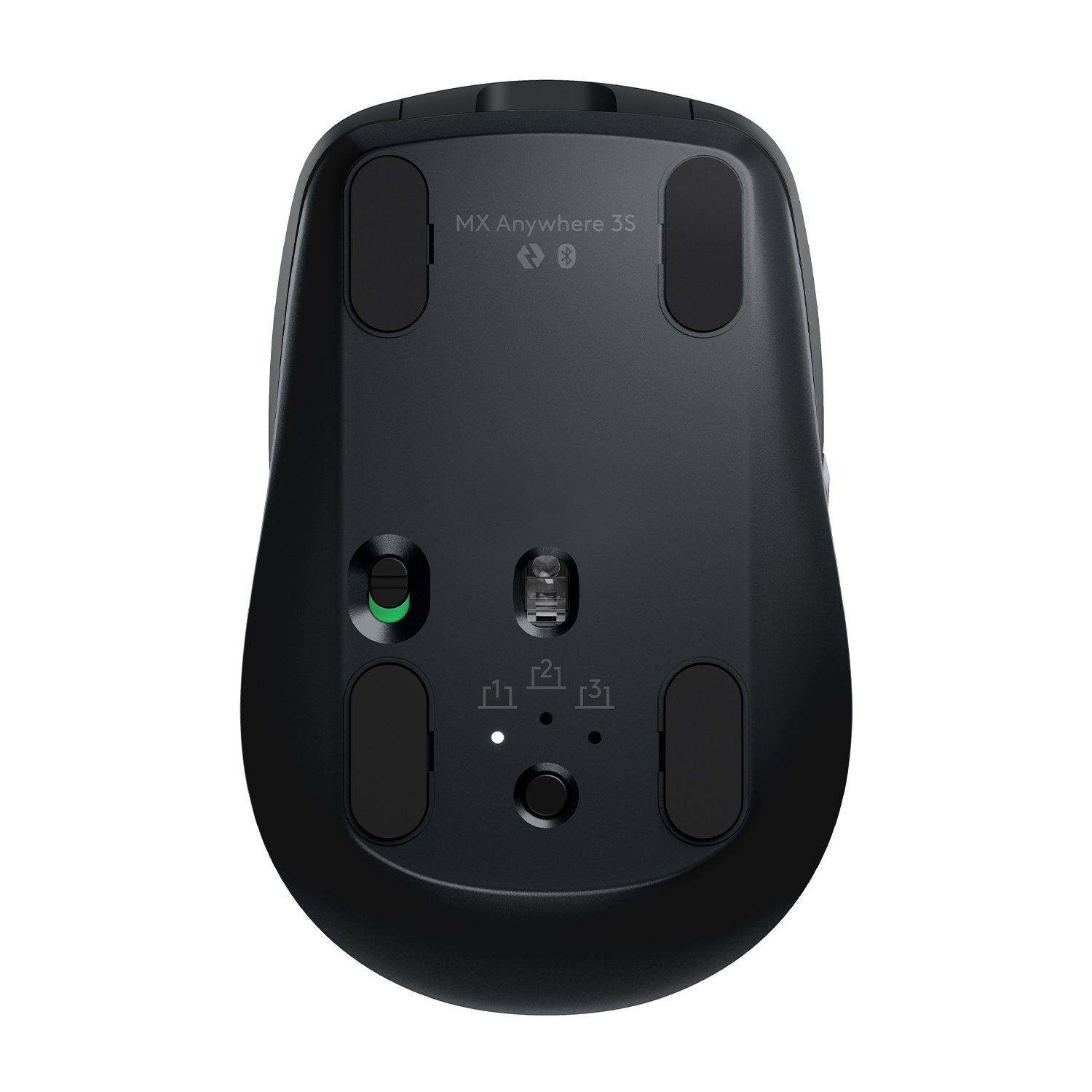 La vista inferiore di un mouse nero. Ha pulsanti e una rotella. Bianco e nero.