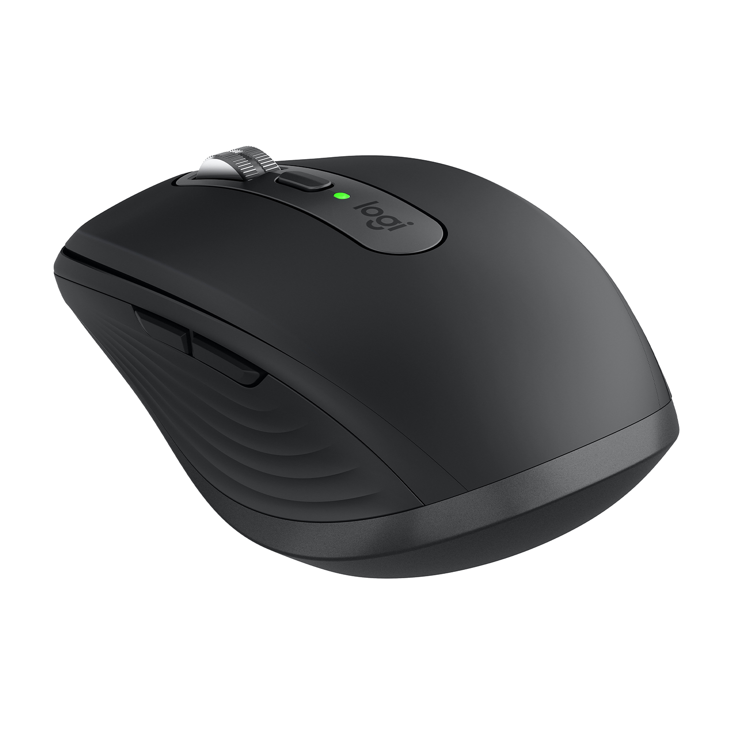 Mouse wireless nero con rotella e pulsanti laterali. Il logo è visibile.