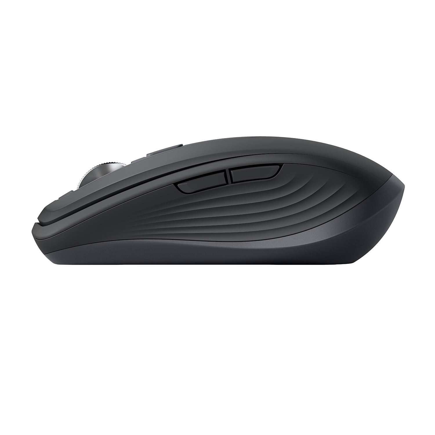 Vista laterale di un mouse per computer nero con rotella e pulsanti, su una superficie bianca.