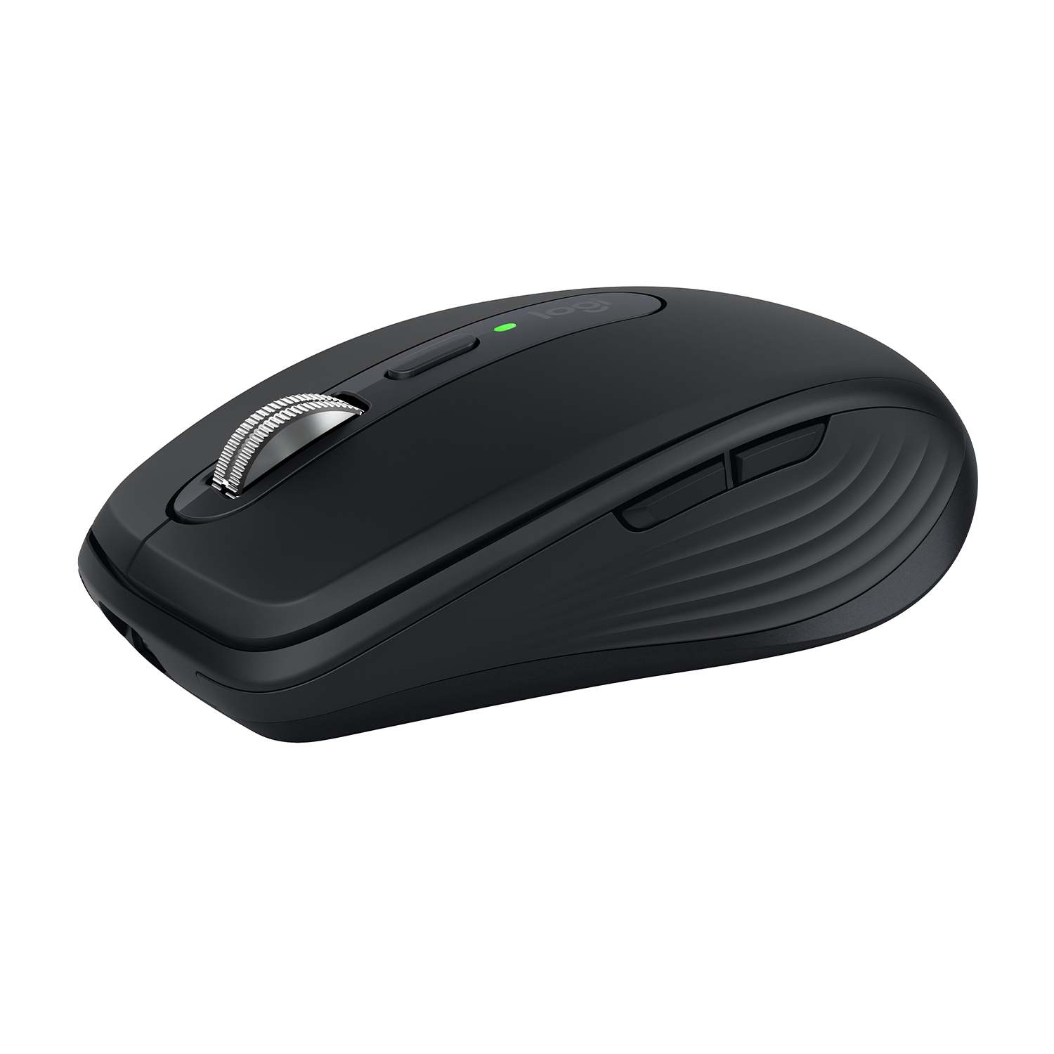 Un mouse Logitech nero con rotella argentata e due pulsanti laterali.