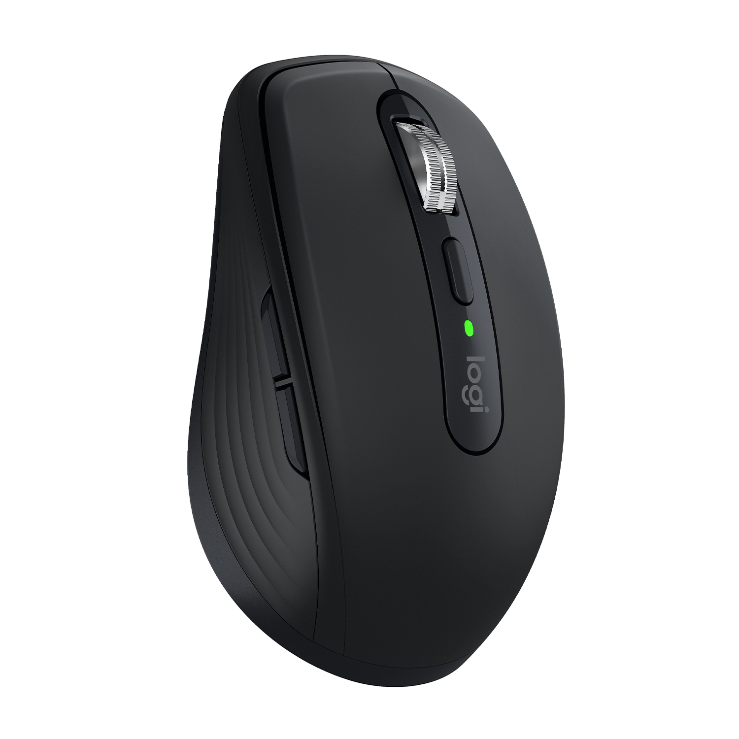 Mouse wireless nero con rotella e pulsante, sfondo bianco.