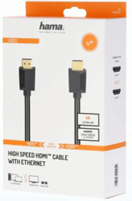 Ethernet'li, ambalajlı yüksek hızlı HDMI kablosu, konektörler gösteriliyor.