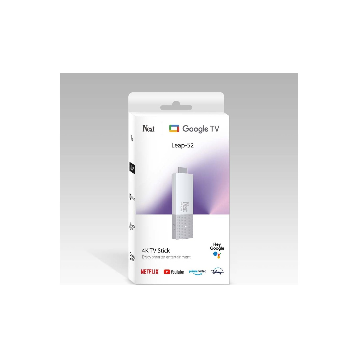 Next Google TV Leap-S2 beyaz kutusu. Logo ve metinli bir çubuk gösteriyor.