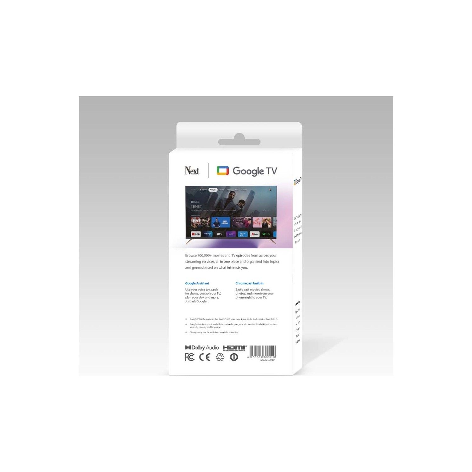 Beyaz Next Google TV kutusu, TV şovlarının önizlemesini gösteriyor. Metin ve logolar görünür.