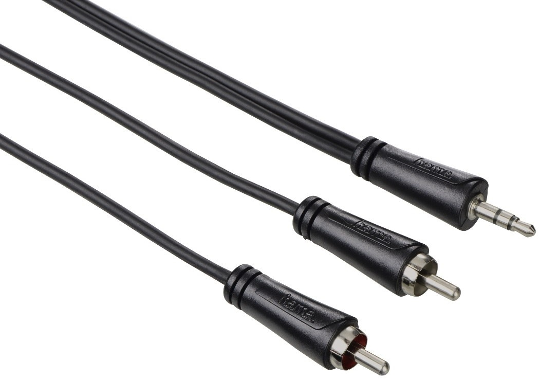 Farklı konektörlere sahip üç siyah ses kablosu: 3,5 mm, RCA ve RCA.