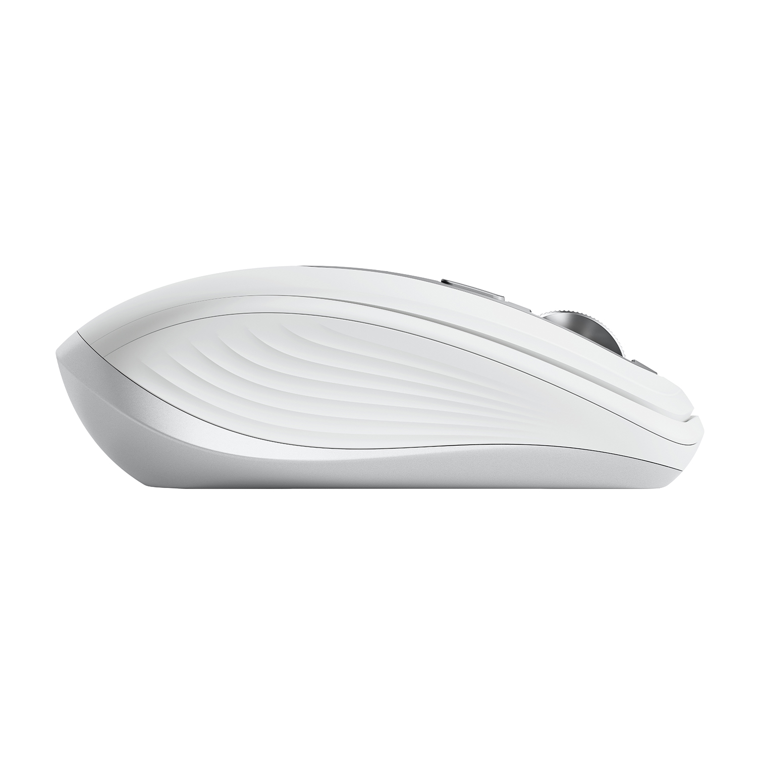 Mouse per computer bianco con un design liscio e sagomato. Vista laterale, isolato.