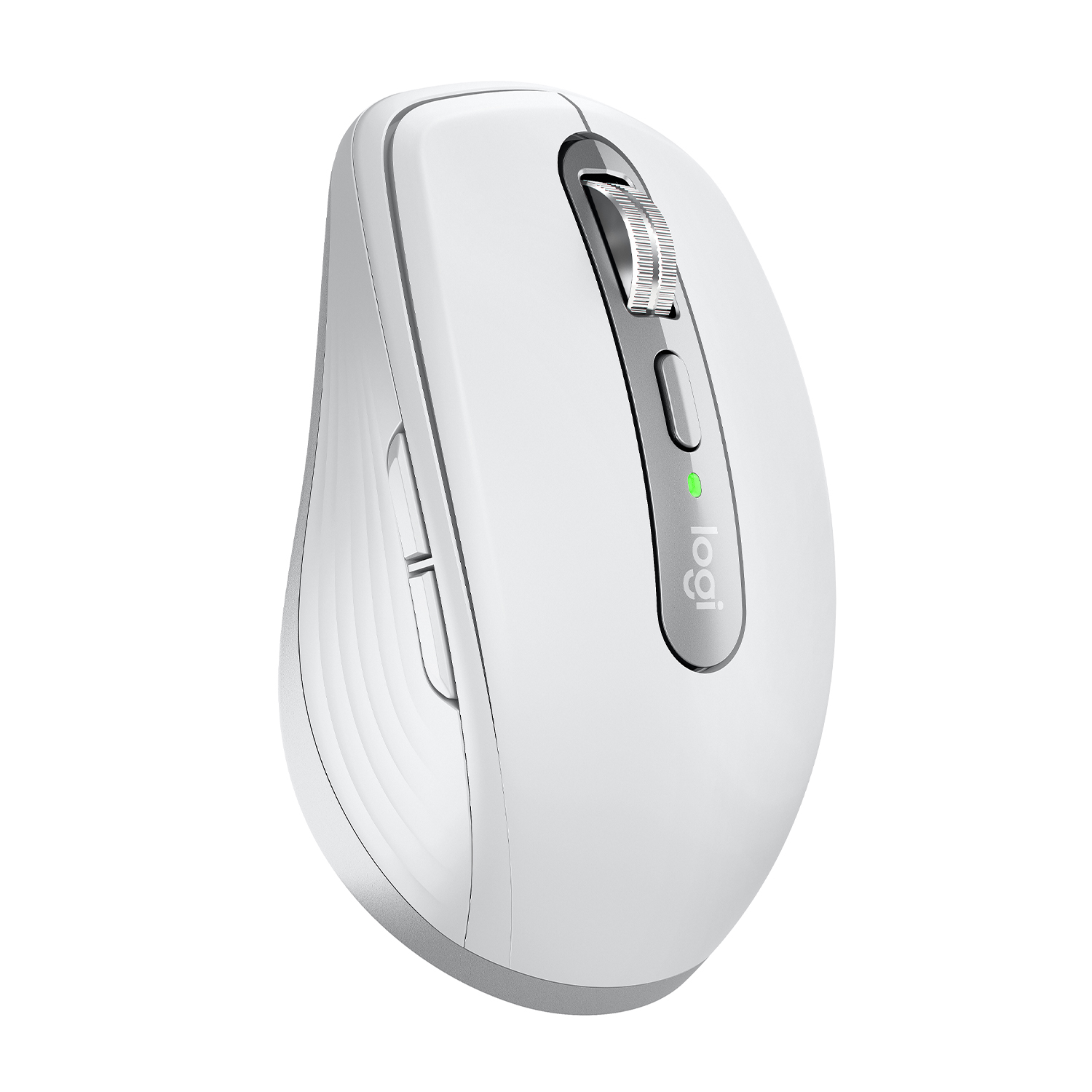 Mouse Logitech bianco con rotella e pulsanti argentati.