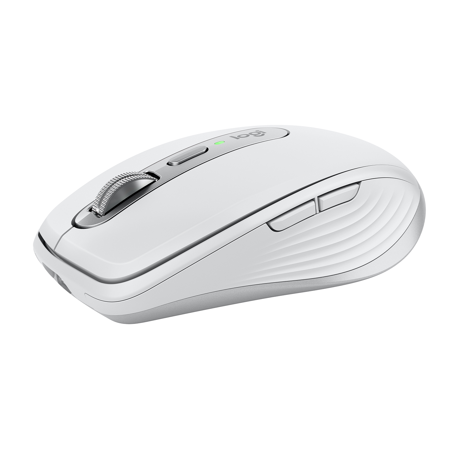 Mouse per computer bianco, con rotella di scorrimento e pulsanti argentati. Design elegante ed ergonomico.