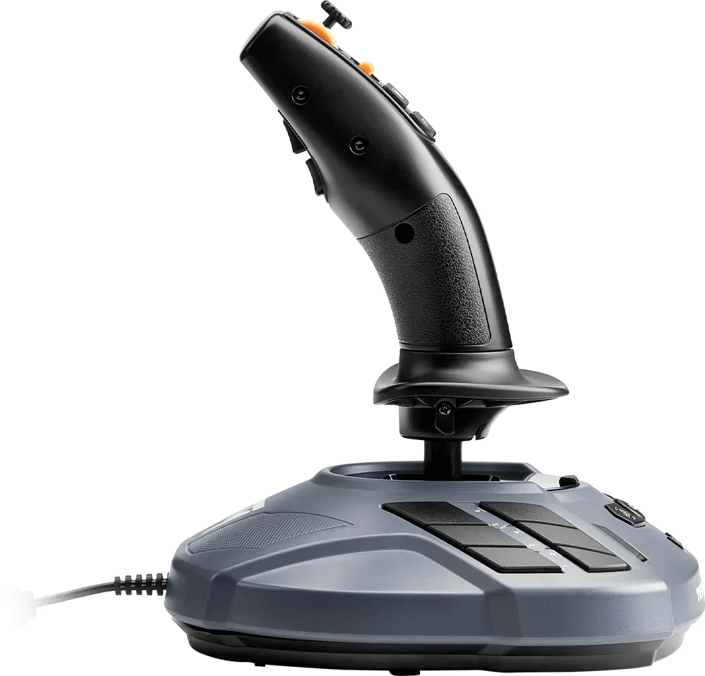 Ein schwarzer Joystick mit orangem Knopf auf grauer Basis mit Knöpfen und Kabel.