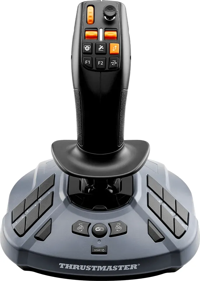 Schwarzer und grauer Joystick mit orangefarbenen Tasten und Sockel.