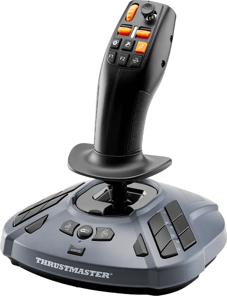 Schwarzer und grauer Joystick-Controller mit orangefarbenen Knöpfen, auf schwarzem Hintergrund.