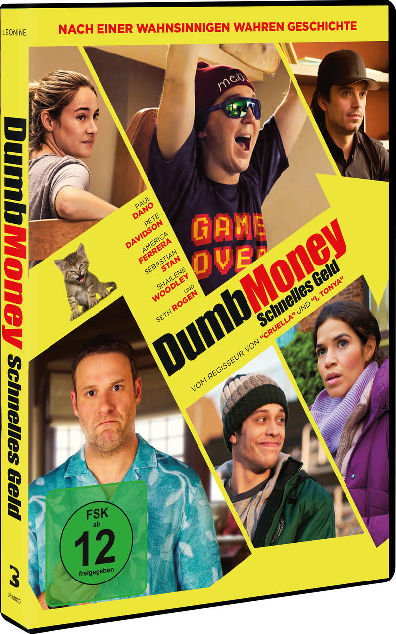Filmplakat mit mehreren Schauspielern, einem Kätzchen und dem Titel 'Dumb Money'.