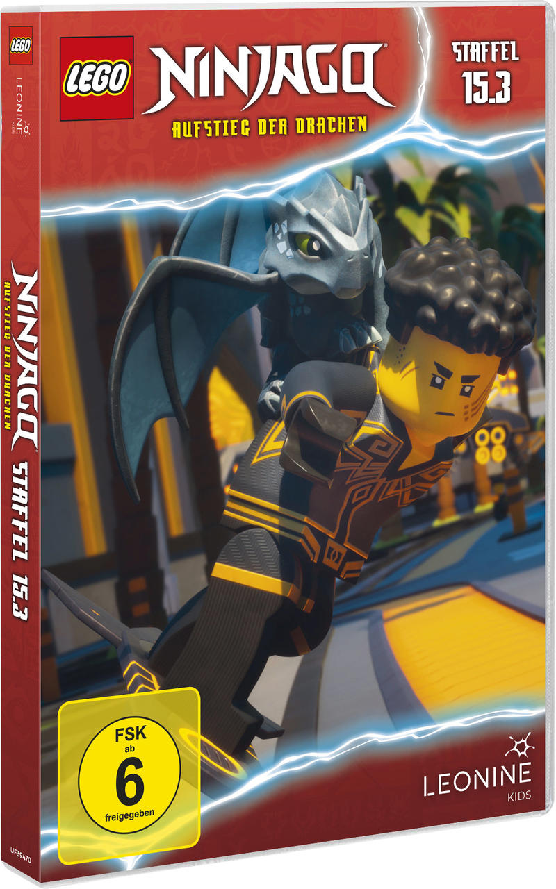 Lego Ninjago DVD-Hülle mit einem Drachen und einer Lego-Figur. Gelber Aufkleber mit Text.