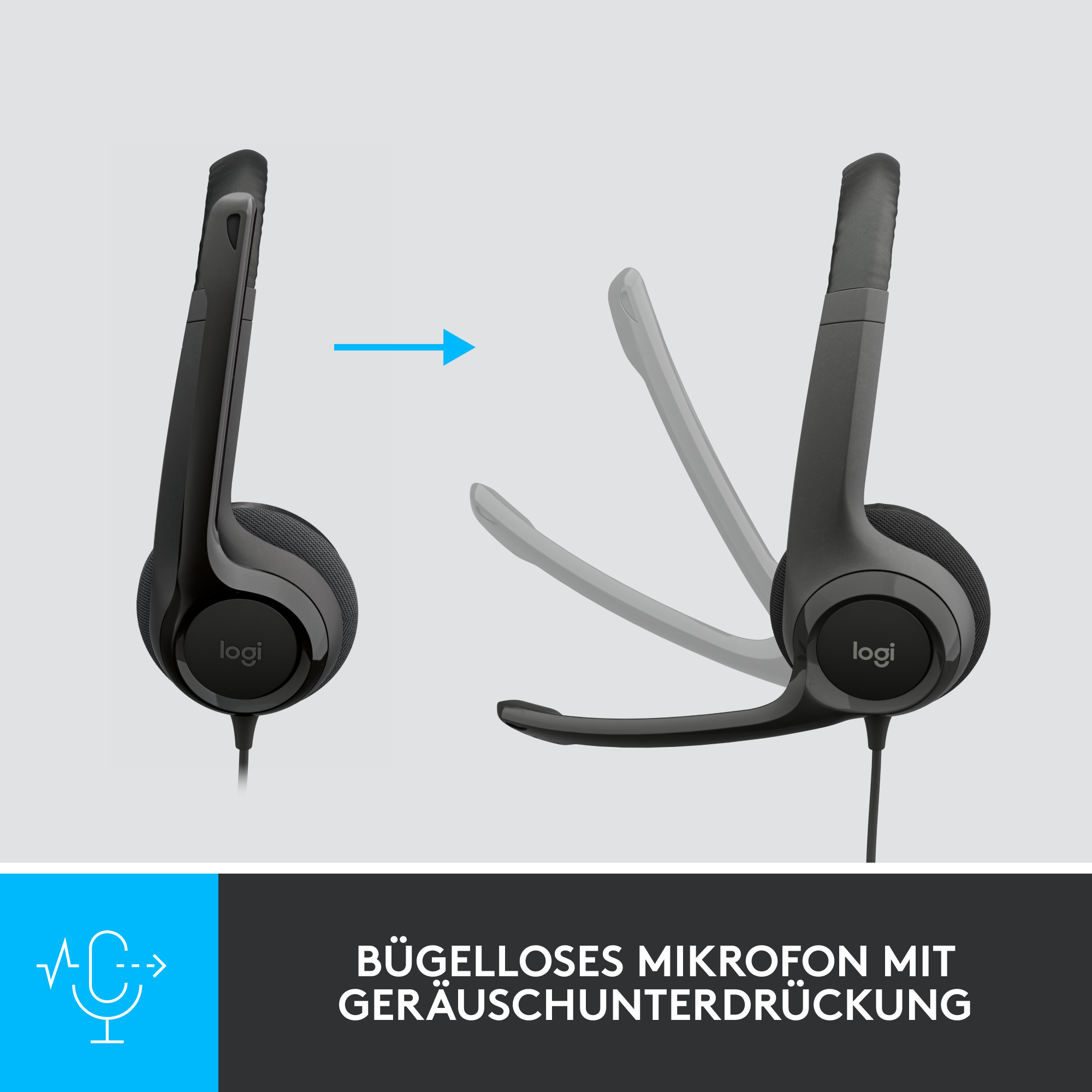 Zwei schwarze Kopfhörer mit Mikrofon, einer ausgefahren, einer eingefahren.